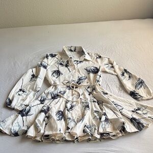 Floral Button-Up Fit-and-Flare Shirt Dress in Cream and Black